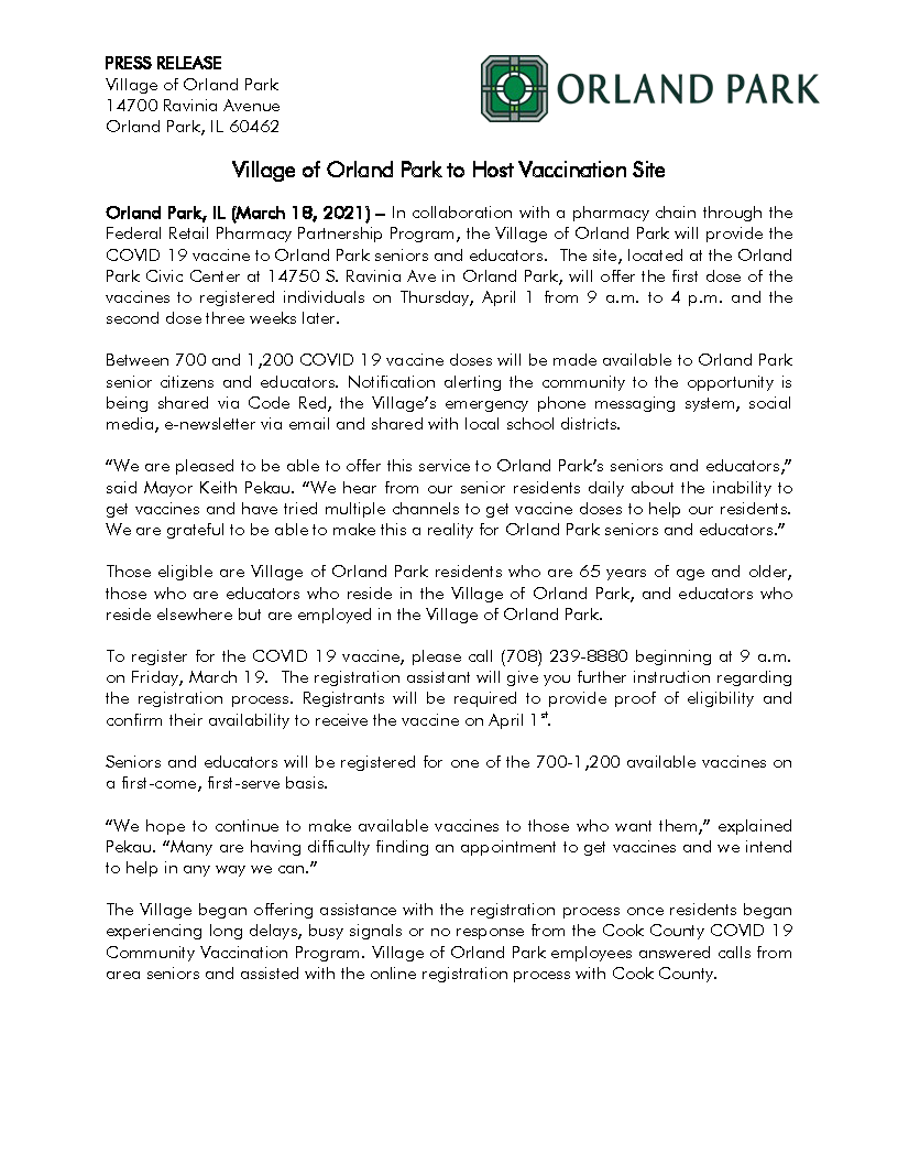 3.18.21 Village of Orland Park to Host Vaccination Site (Title Page)