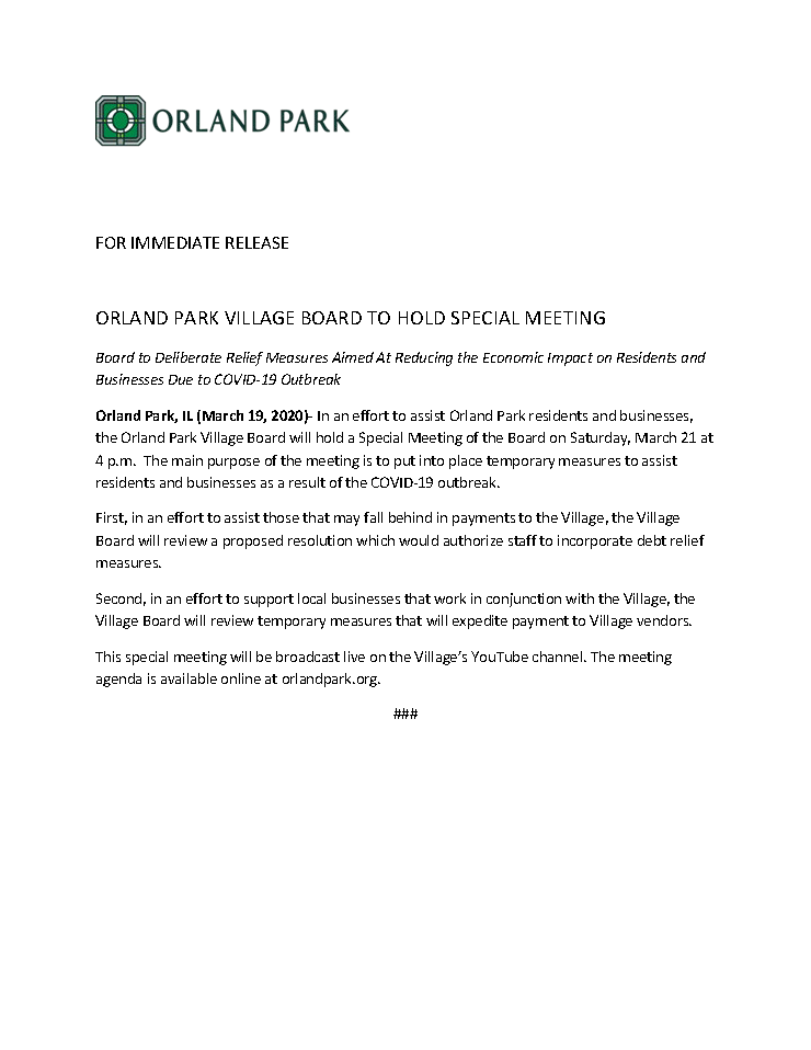 3.19.20 Orland Park Village Board To Hold Special Meeting (Title Page)