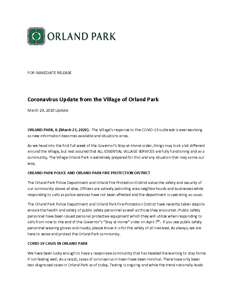 3.23.20 Coronavirus Update from the Village of Orland Park (Title Page)