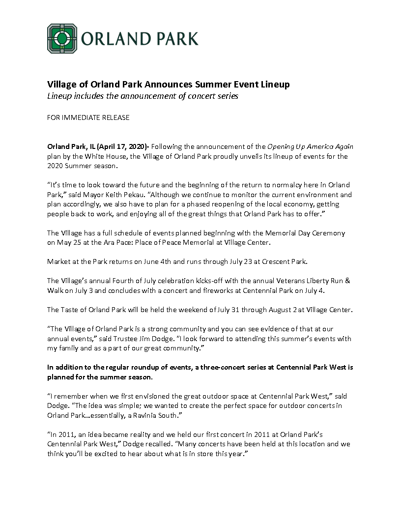 4.17.20 Village of Orland Park Announces Summer Event Lineup (Title Page)