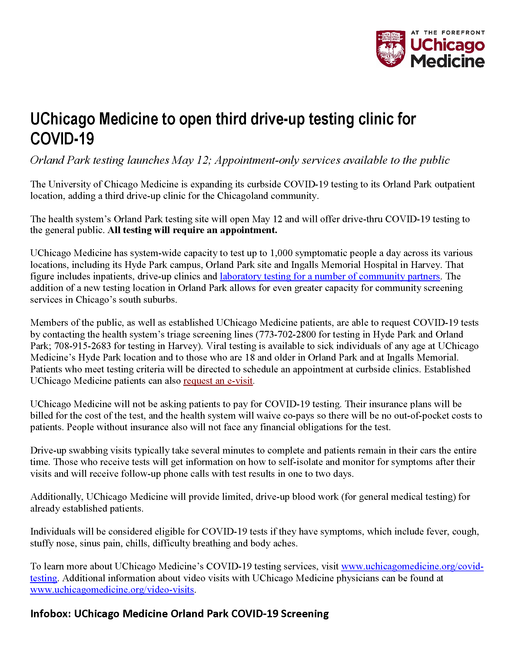 5.12.20 UChicago Medicine To Open Third Drive-Up Testing Clinic For COVID-19 (Title Page)