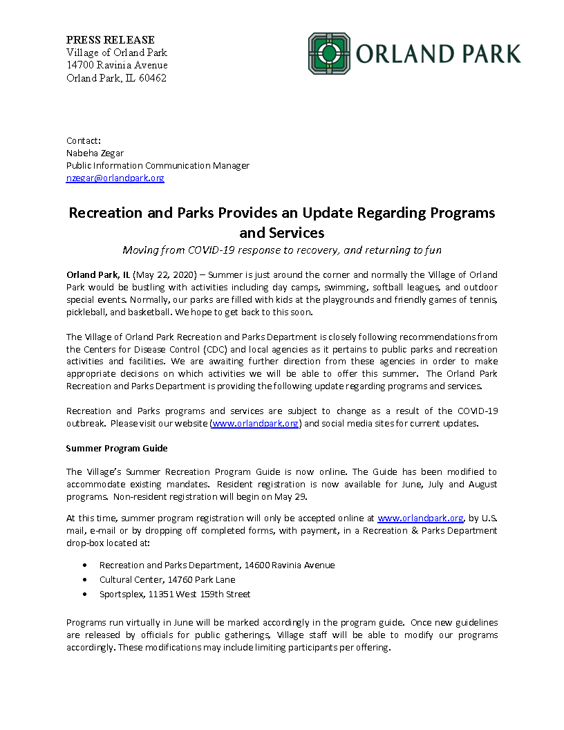 5.22.20 Recreation and Parks Provides an Update Regarding Programs and Services (Title Page)