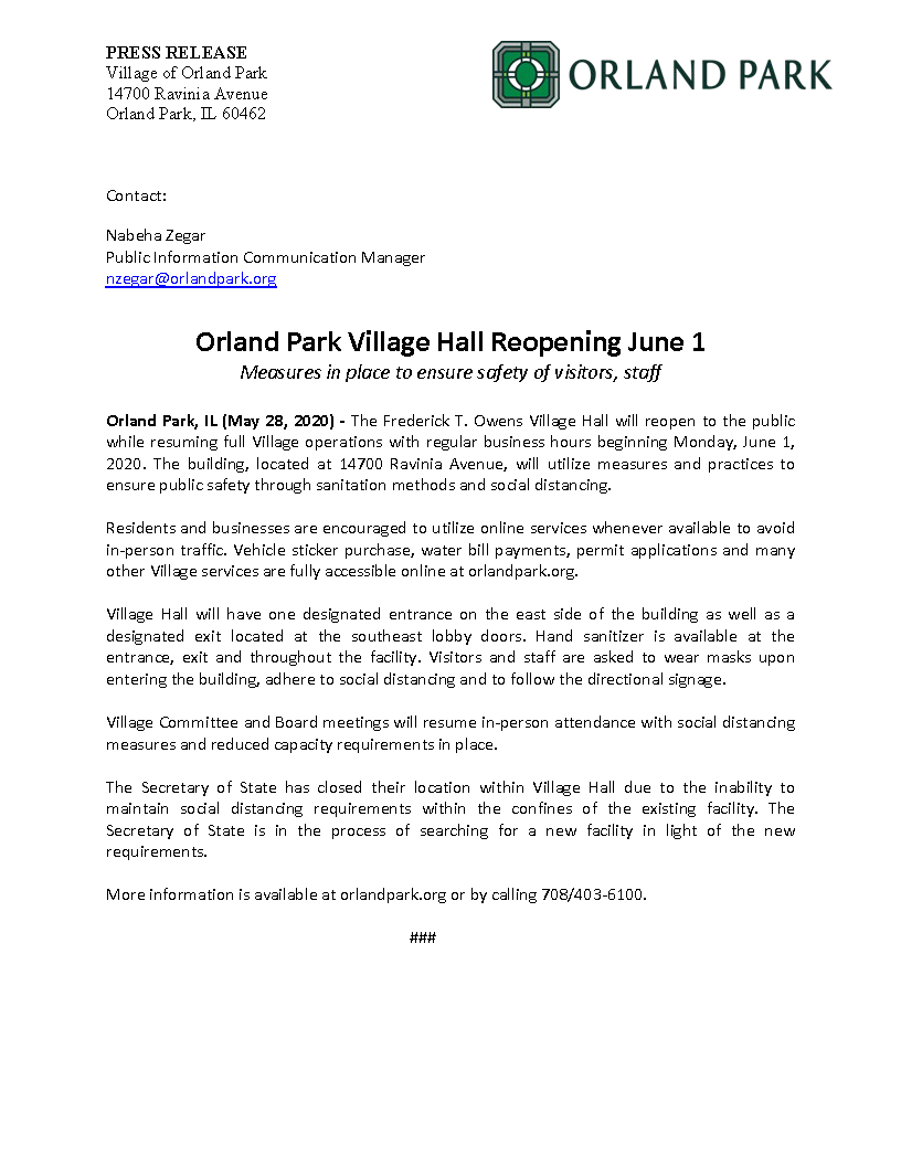 5.28.20 Orland Park Village Hall Reopening June 1 (Title Page)