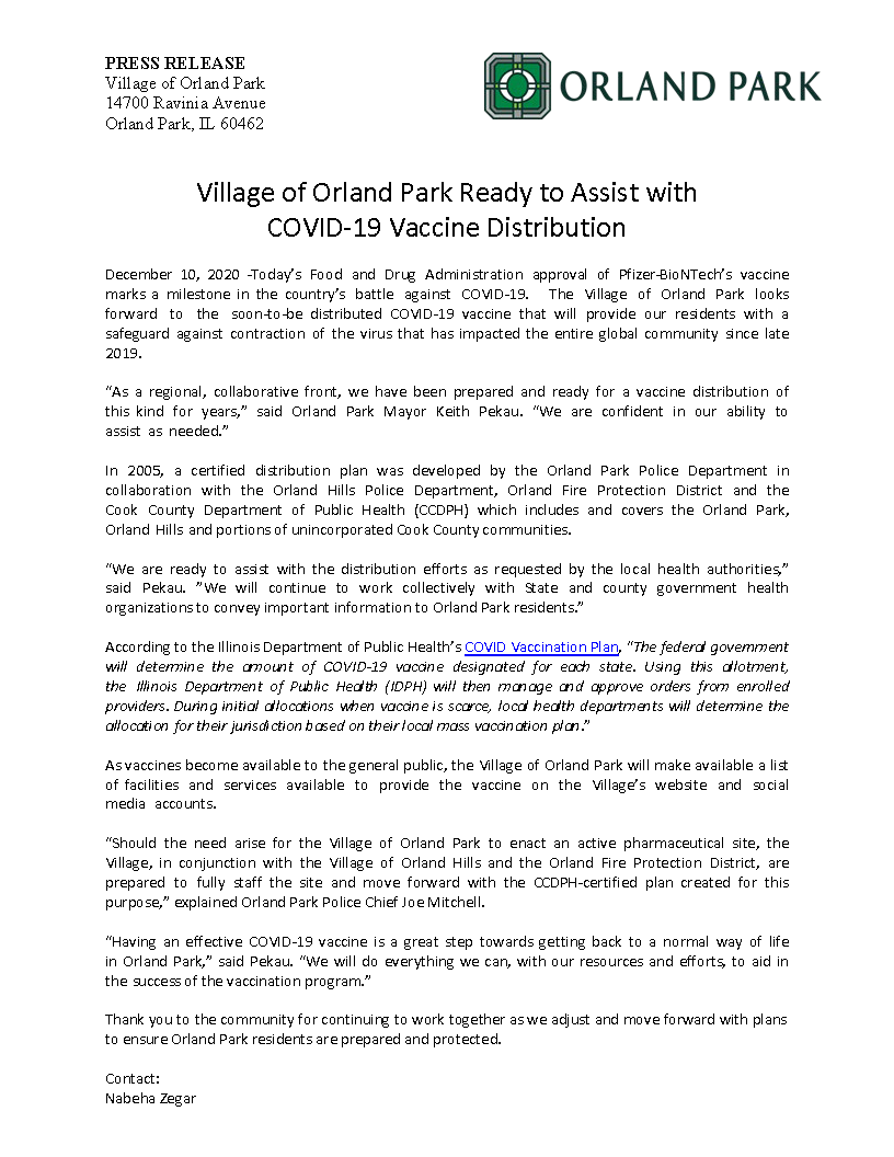 12.10.20 Village of Orland Park Ready to Assist with COVID-19 Vaccine Distribution (Title Page)